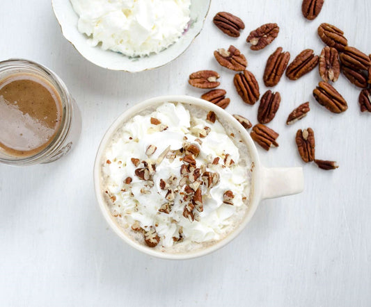 Hot-cold fusion of Turkey Tail coffee, vanilla ice cream, and pecans.