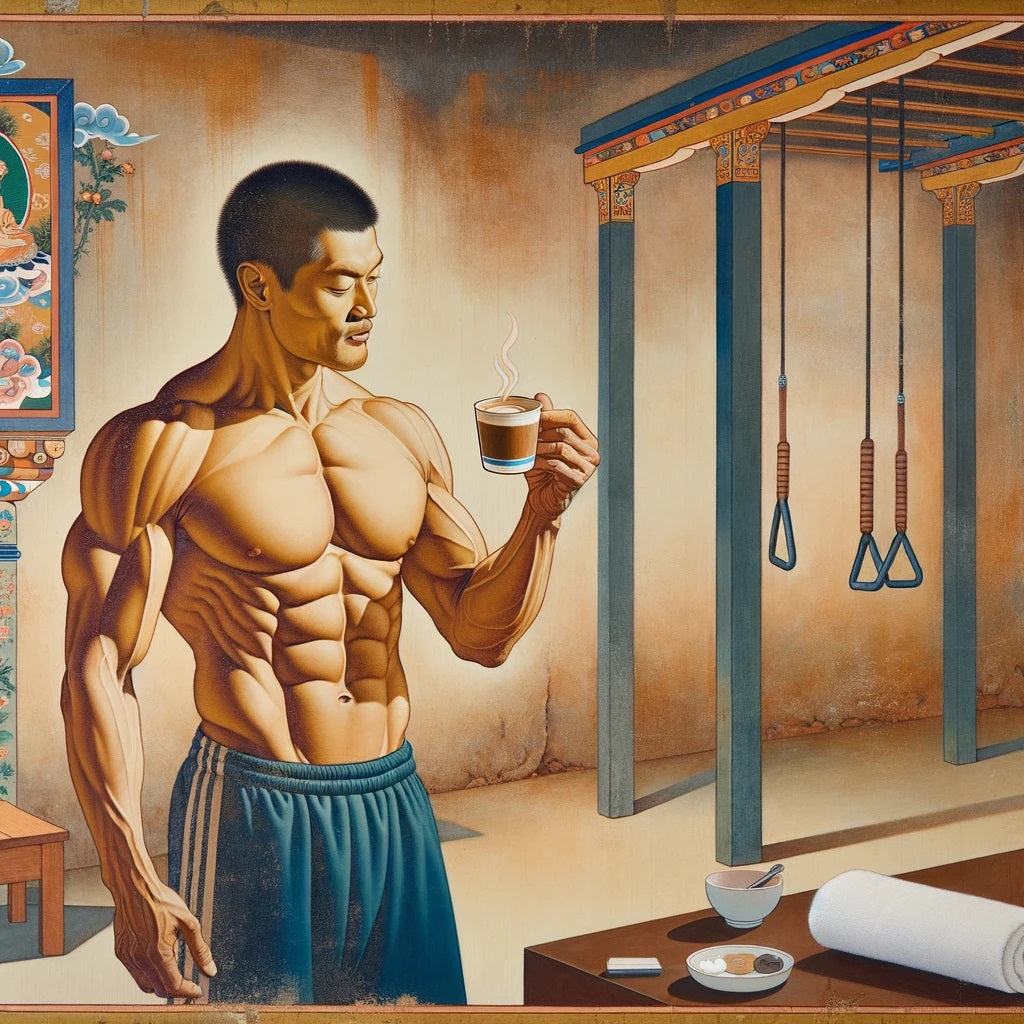 Muscular man with Cordyceps mushroom coffee in rustic gym